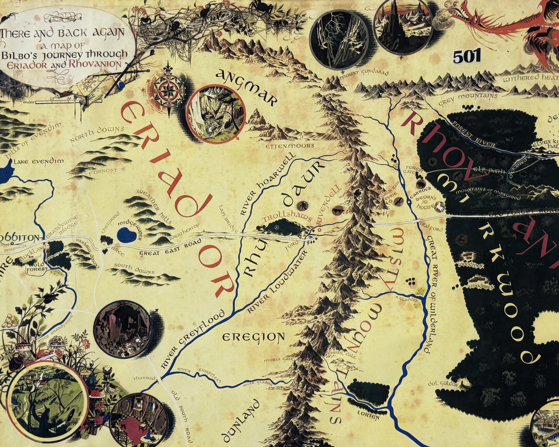 Pauline Baynes, Mappa della Terra di mezzo ai tempi degli Hobbit, 1977. Dettaglio