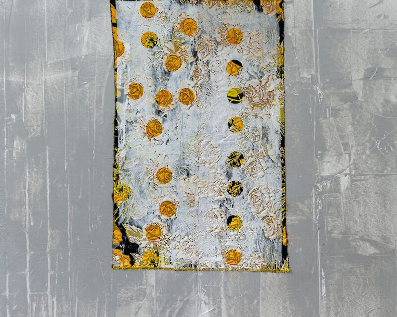 Lorenza Longhi, Untitled, 2025. Screen-printing ink on fabric and Tyvek, wooden panel, aluminium, screws. 2 panels, 190×150 cm (each). Courtesy of the artist and Fanta MLN, Milan