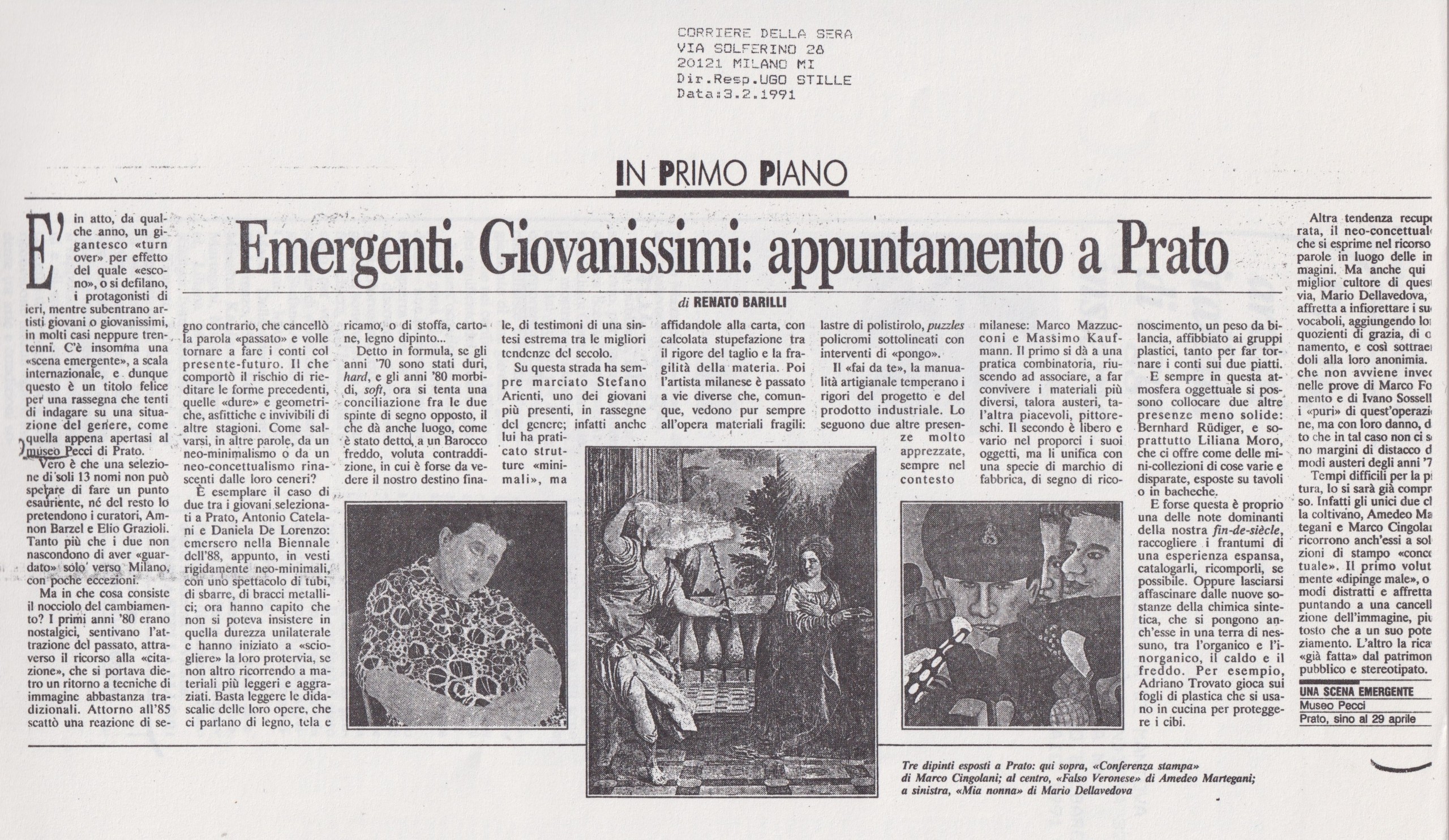 Renato Barilli, Emergenti. Giovanissimi: appuntamento a prato, «Corriere della Sera», 3 febbraio 1991