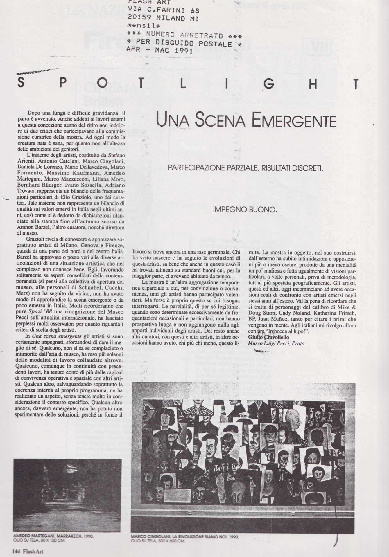 Giulio Ciavoliello, Una Scena Emergente. Partecipazione parziale, risultati discreti, impegno buono, «Flash Art», aprile-maggio 1991, p. 144
