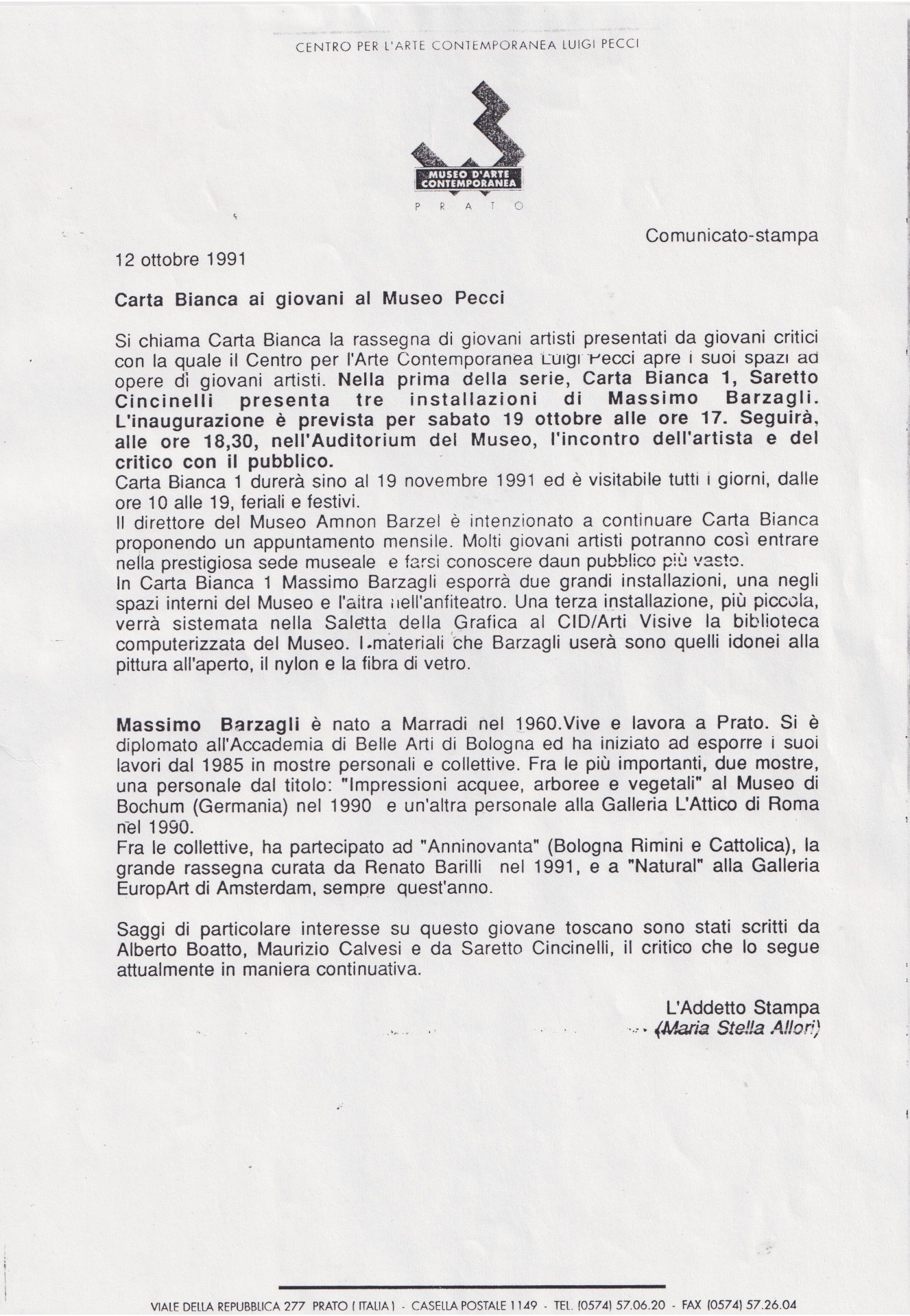 Comunicato stampa Carta bianca ai giovani al Museo Pecci, 12 ottobre 1991
