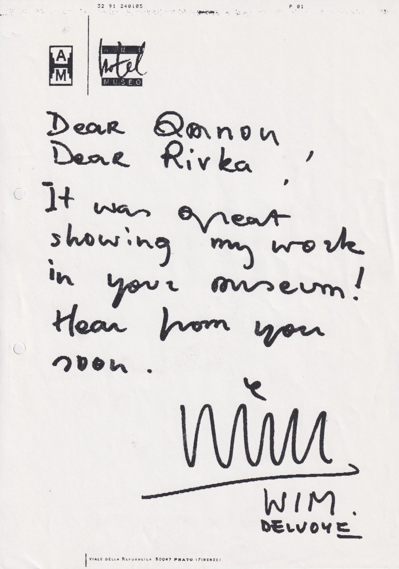 Lettera di Wim Delvoye a Amnon Barzel, 1991