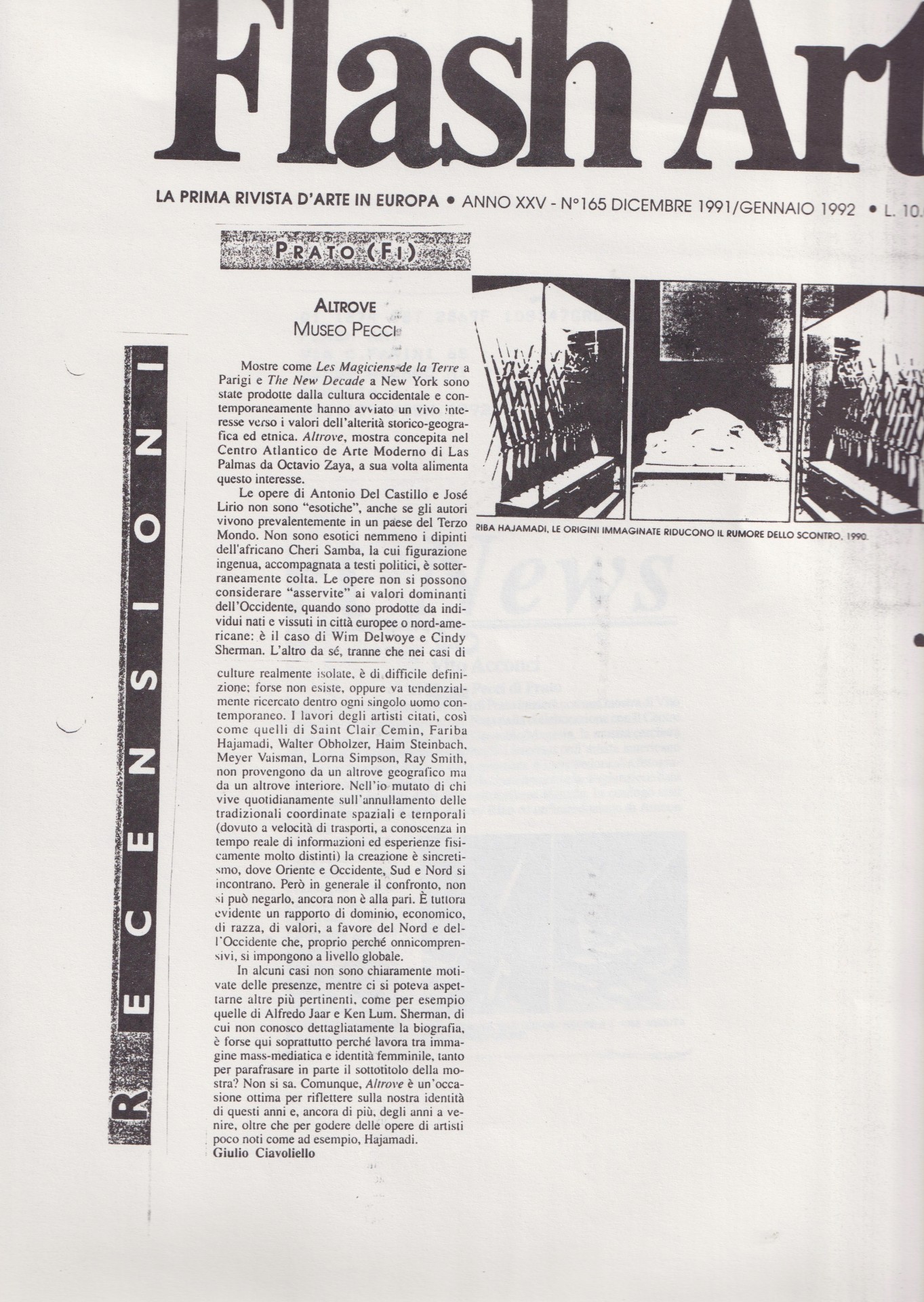 Giulio Ciavoliello, Altrove, «Flash Art», 165, dicembre 1991-gennaio 1992