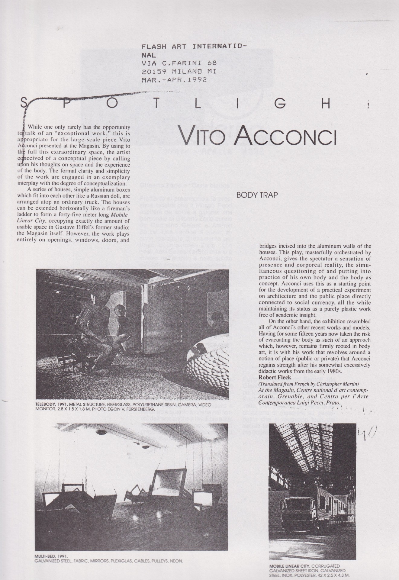 Robert Fleck, Vito Acconci. Body Trap, «Flash Art International», XXV, 163, marzo-aprile 1992, p. 104