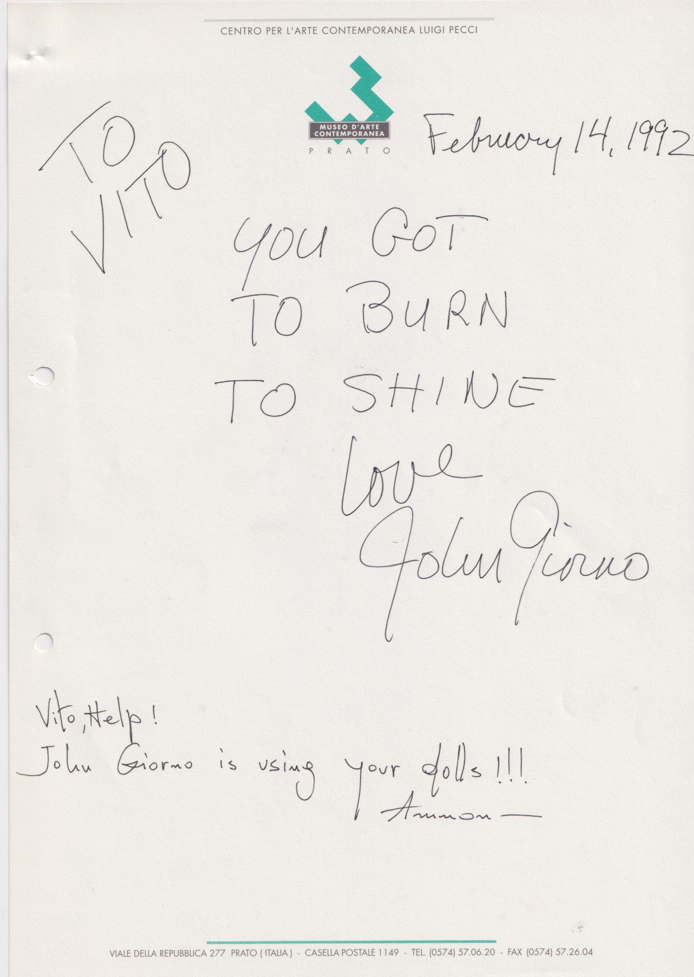Lettera manoscritta di John Giorno a Vito Acconci, con annotazione di Amnon Barzel, Prato, 14 febbraio 1992