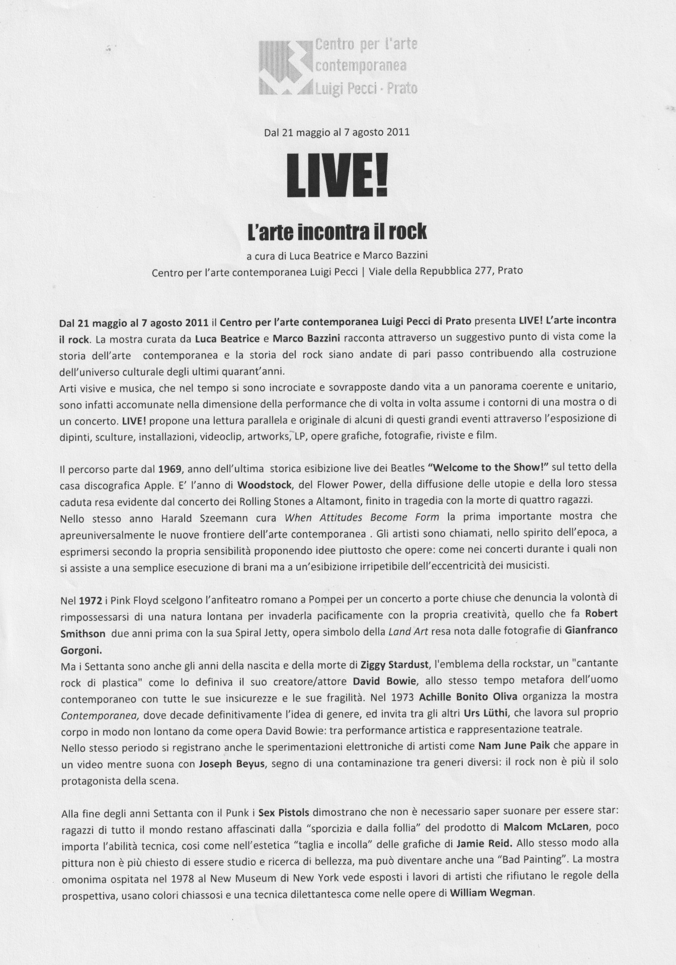 Live! L'arte incontra il rock, comunicato stampa, 2011, p. 1