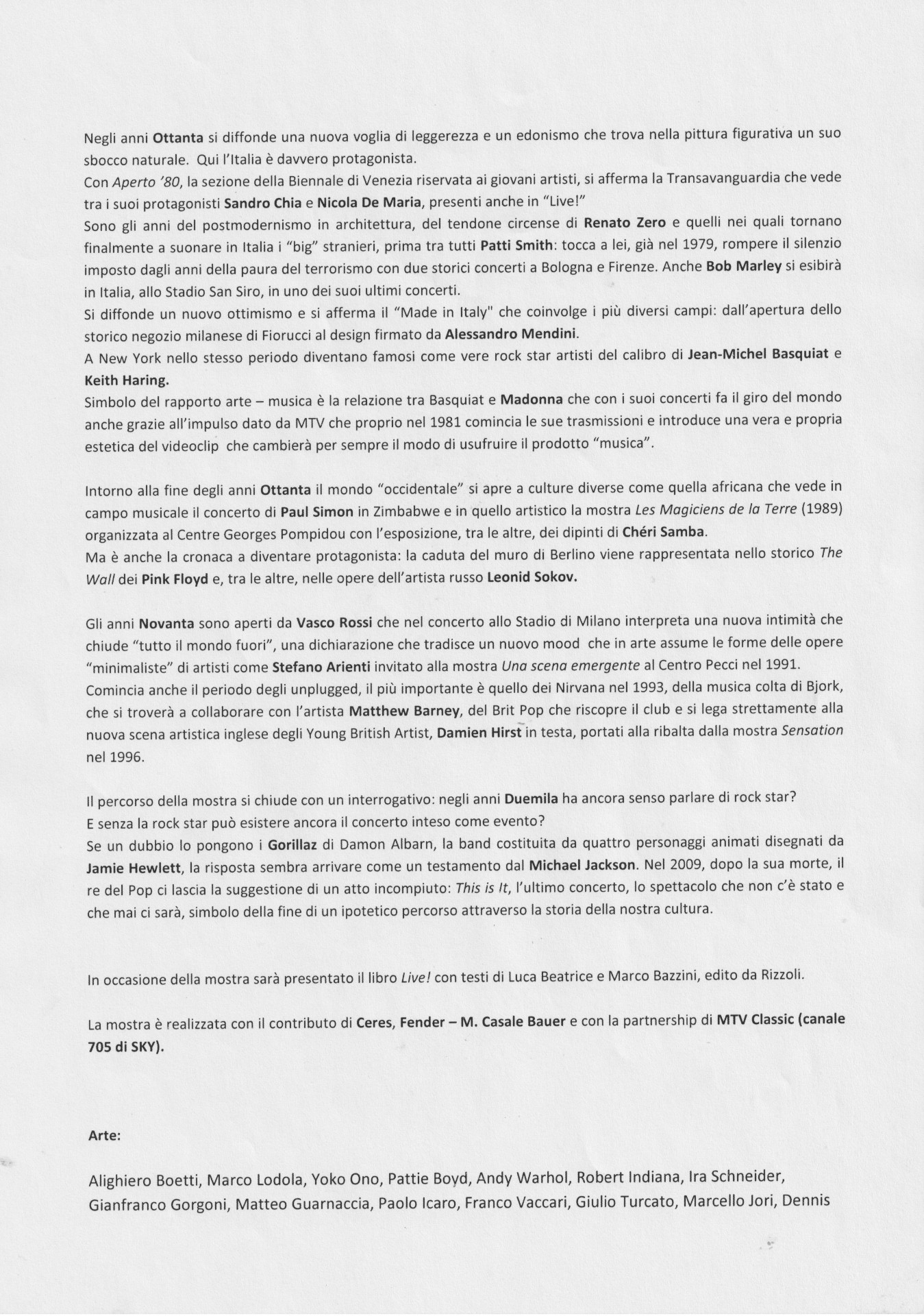 Live! L'arte incontra il rock, comunicato stampa, 2011, p. 2