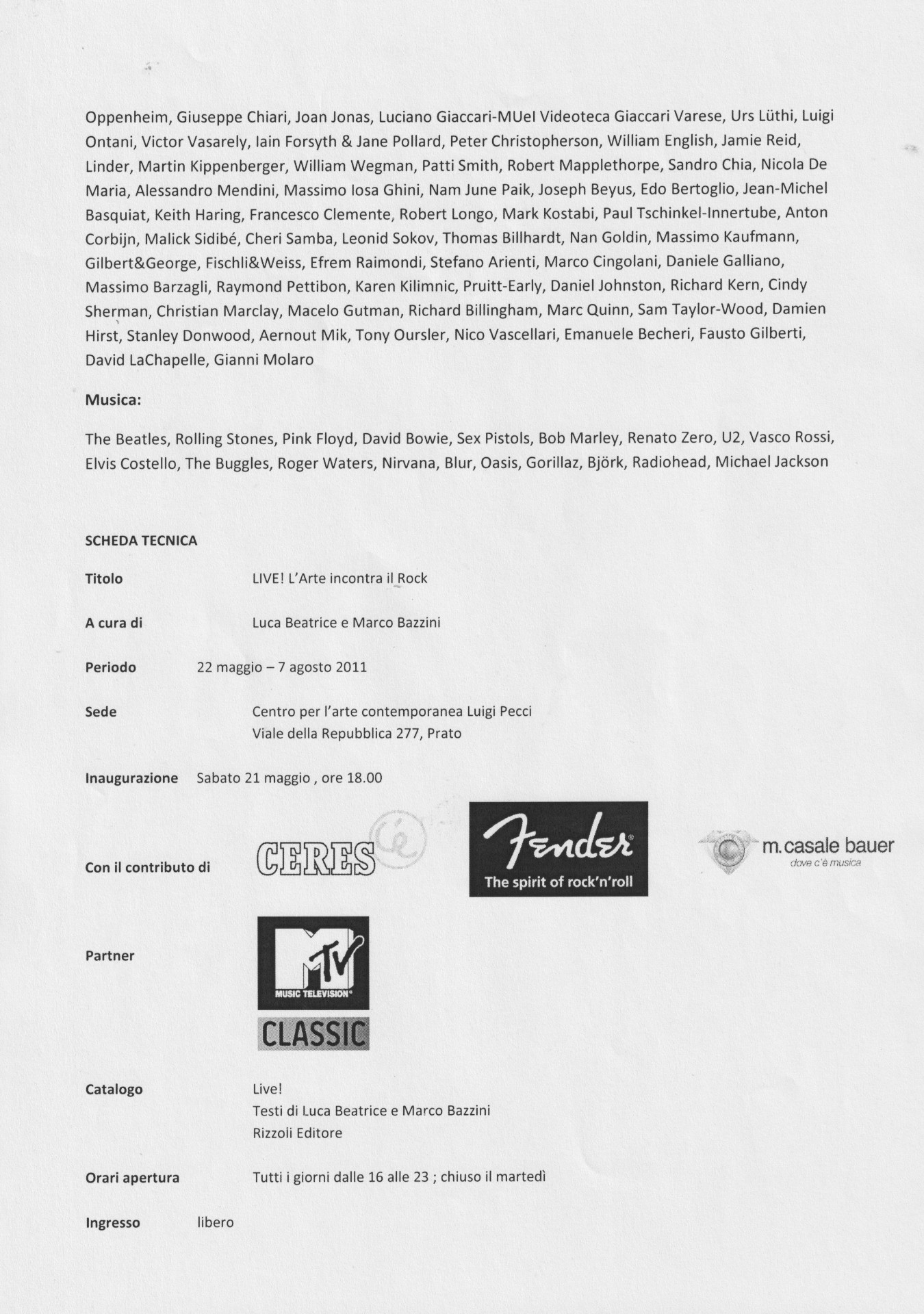 Live! L'arte incontra il rock, comunicato stampa, 2011, p. 3