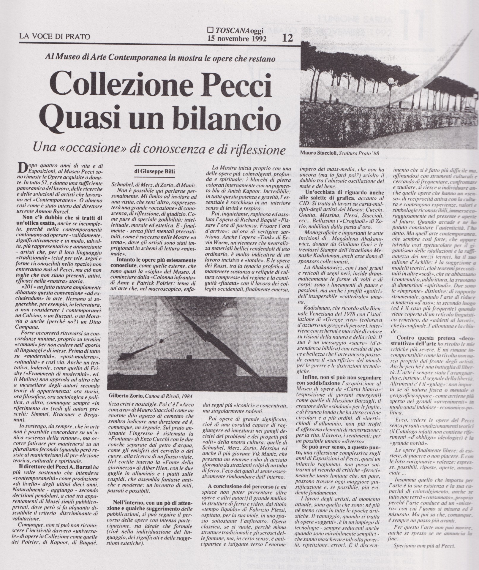 Giuseppe Billi, Collezione Pecci. Quasi un bilancio, «La Voce di Prato», 15 novembre 1992, p. 12